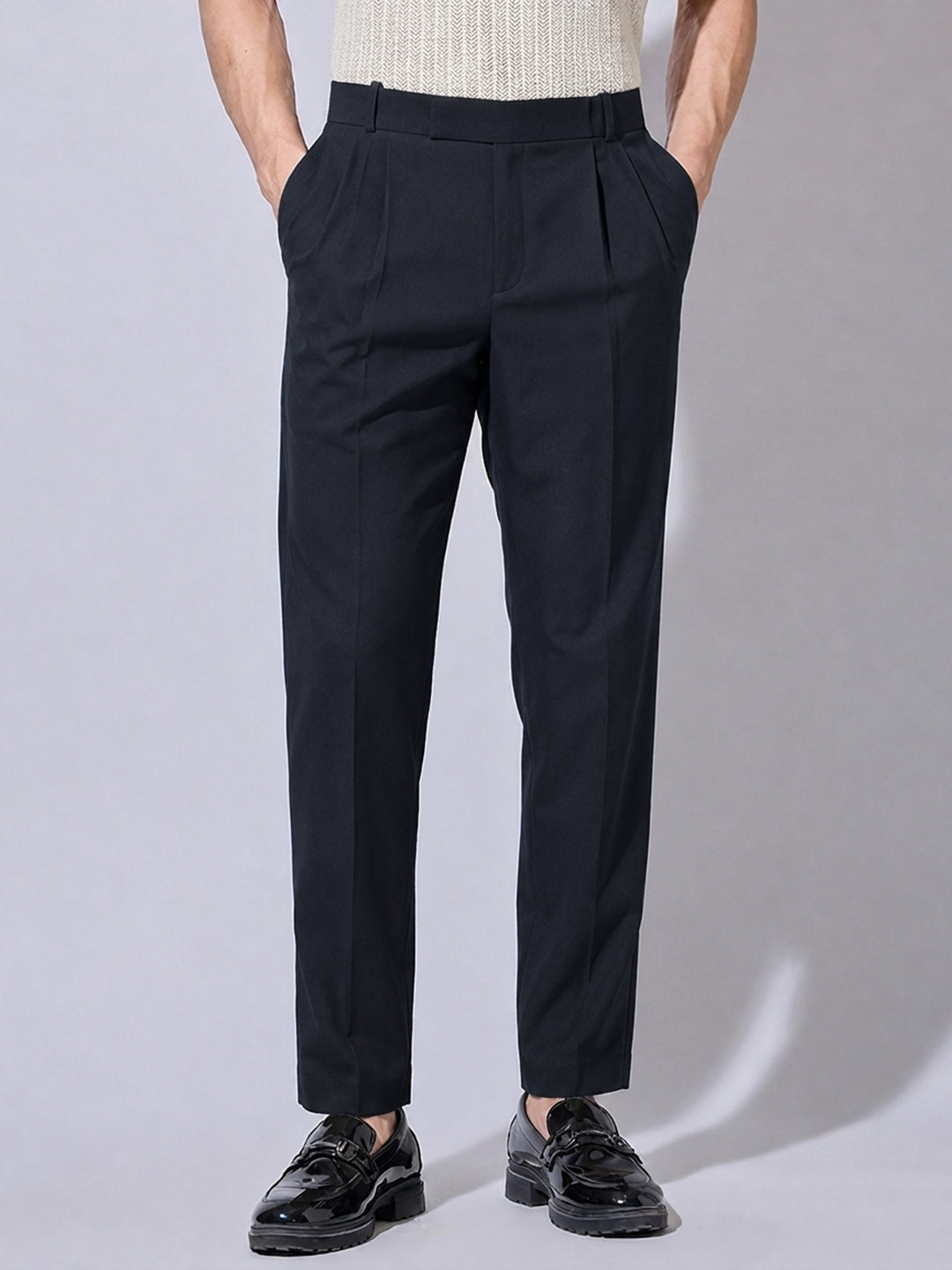 Men’s Navy Blue Striaght Fit Pleated Formal Trousers