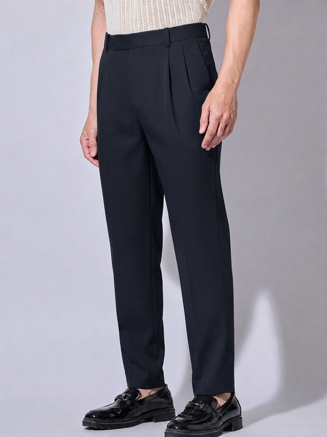 Men’s Navy Blue Striaght Fit Pleated Formal Trousers