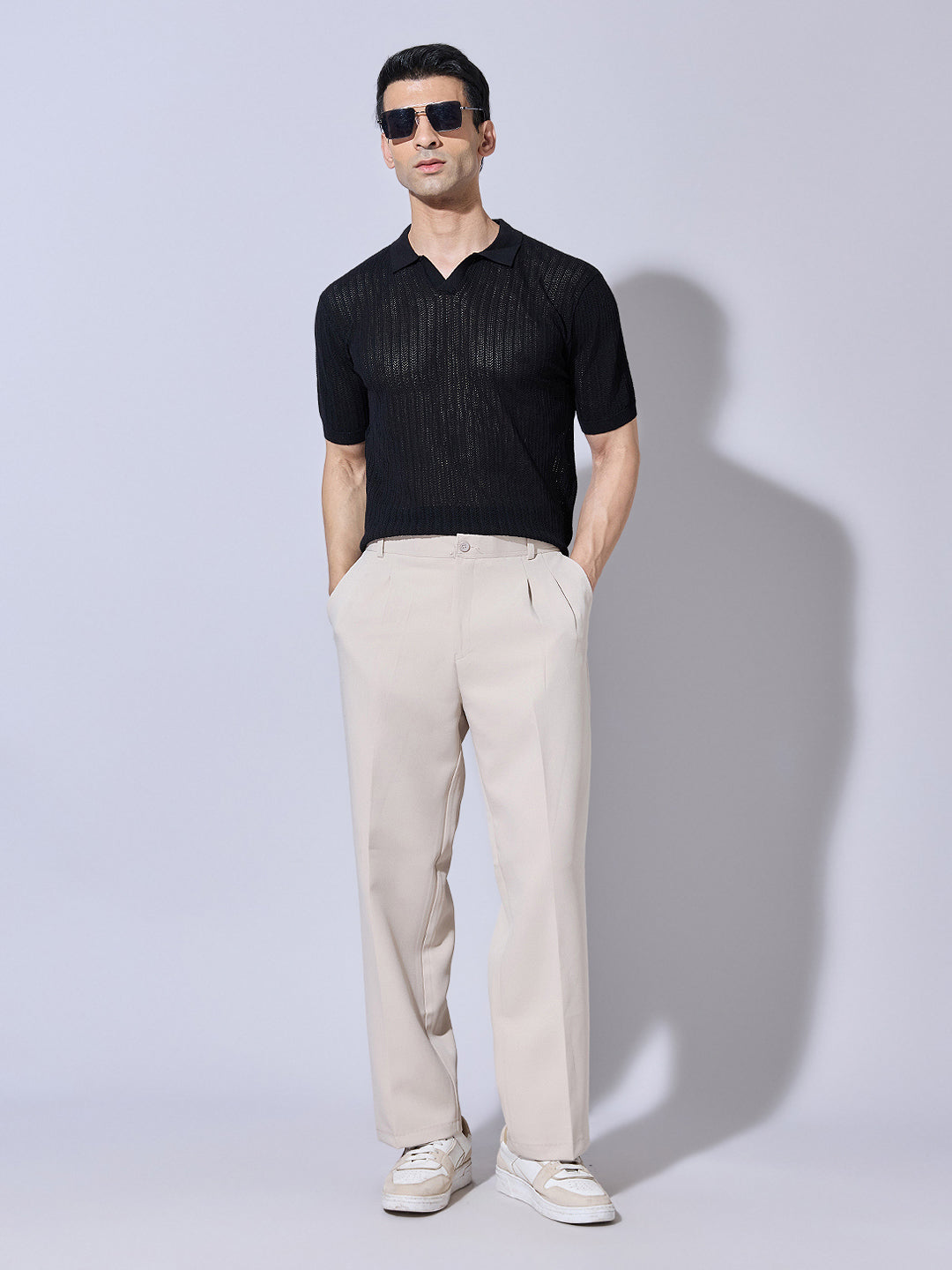 Men's Cream Korean Baggy Fit Trousers