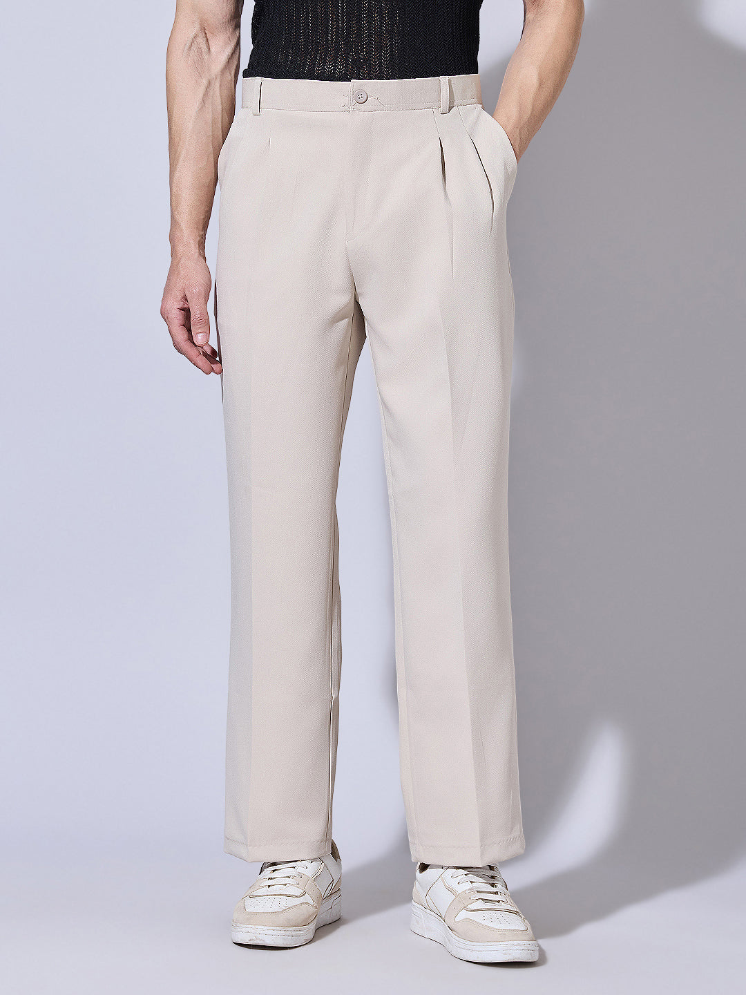 Men's Cream Korean Baggy Fit Trousers