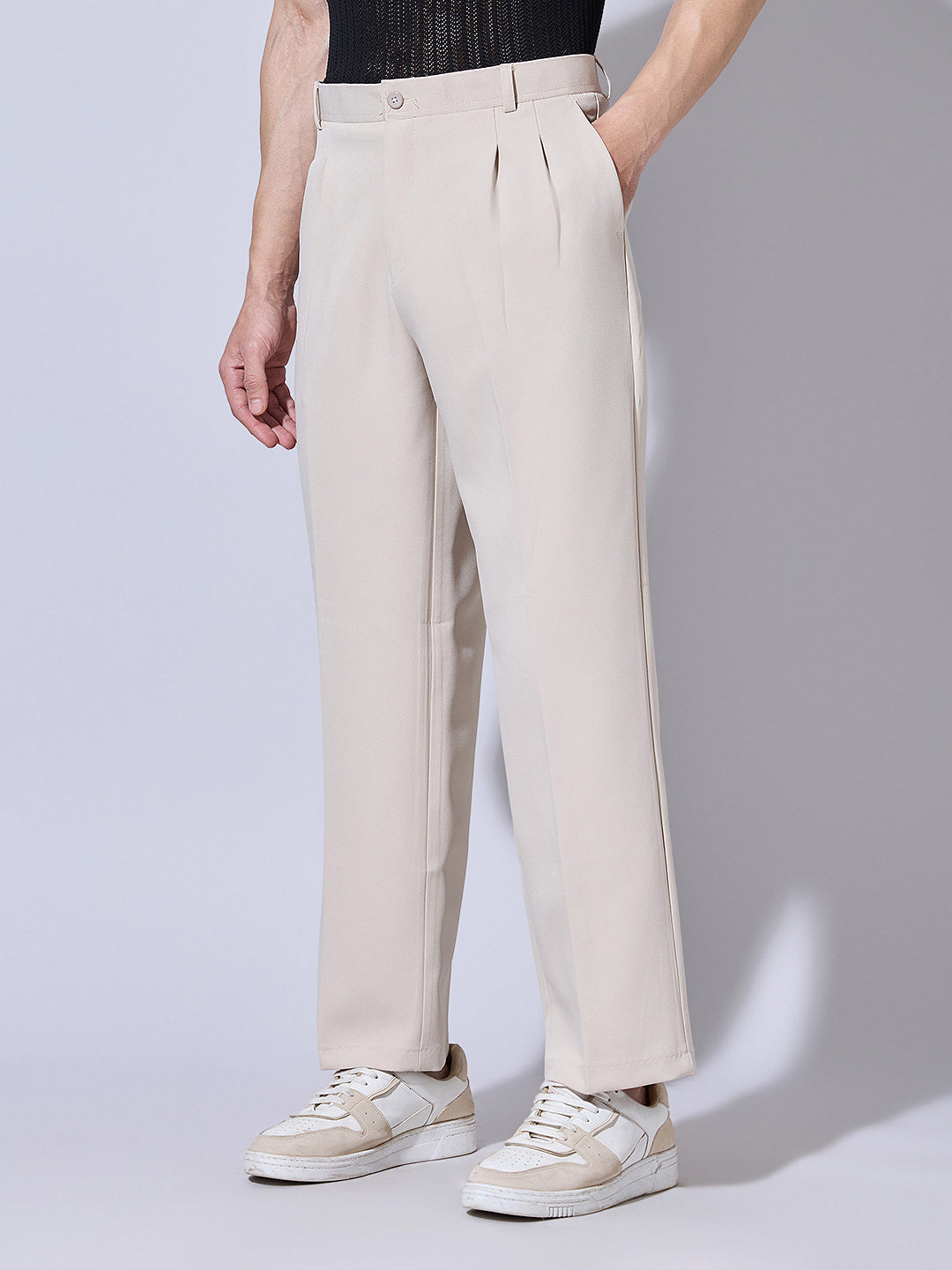 Men's Cream Korean Baggy Fit Trousers