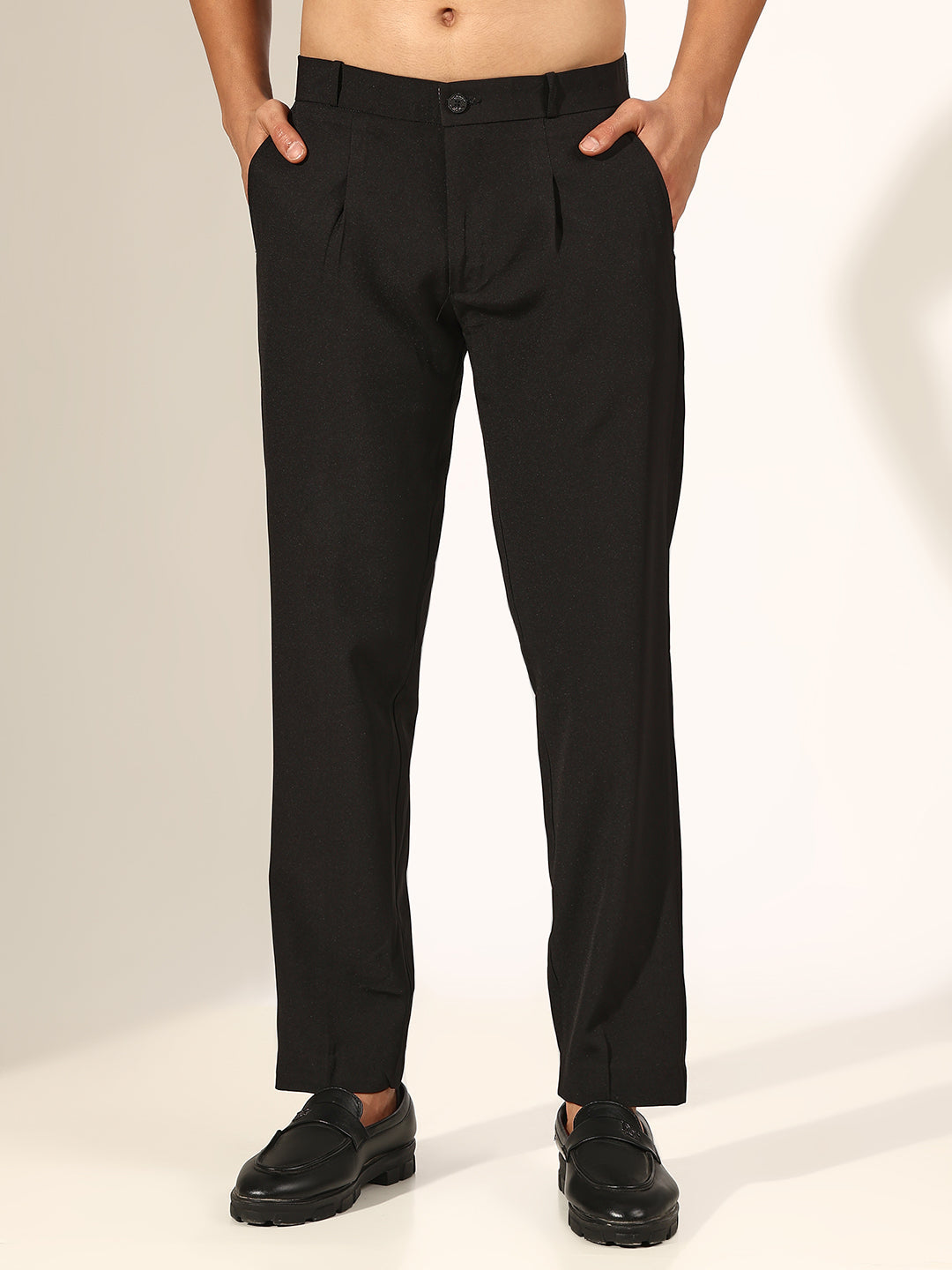 Men's Pleated Black Straight Fit Formal Korean Trouser