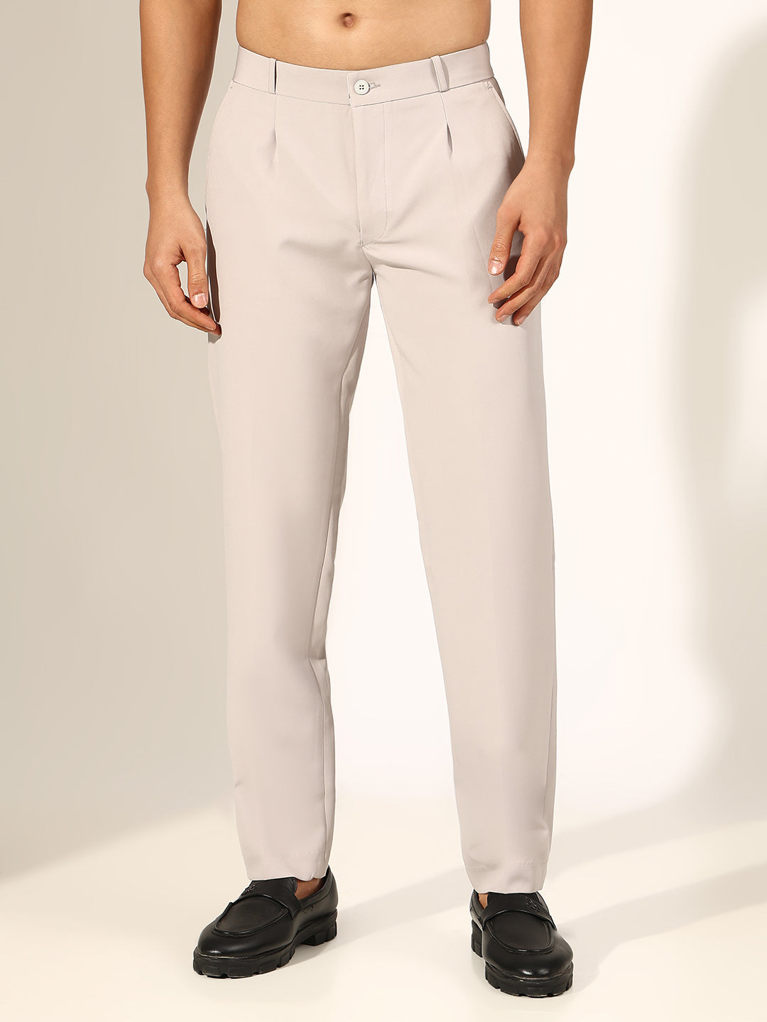 Men's Pleated Grey Straight Fit Formal Korean Trouser