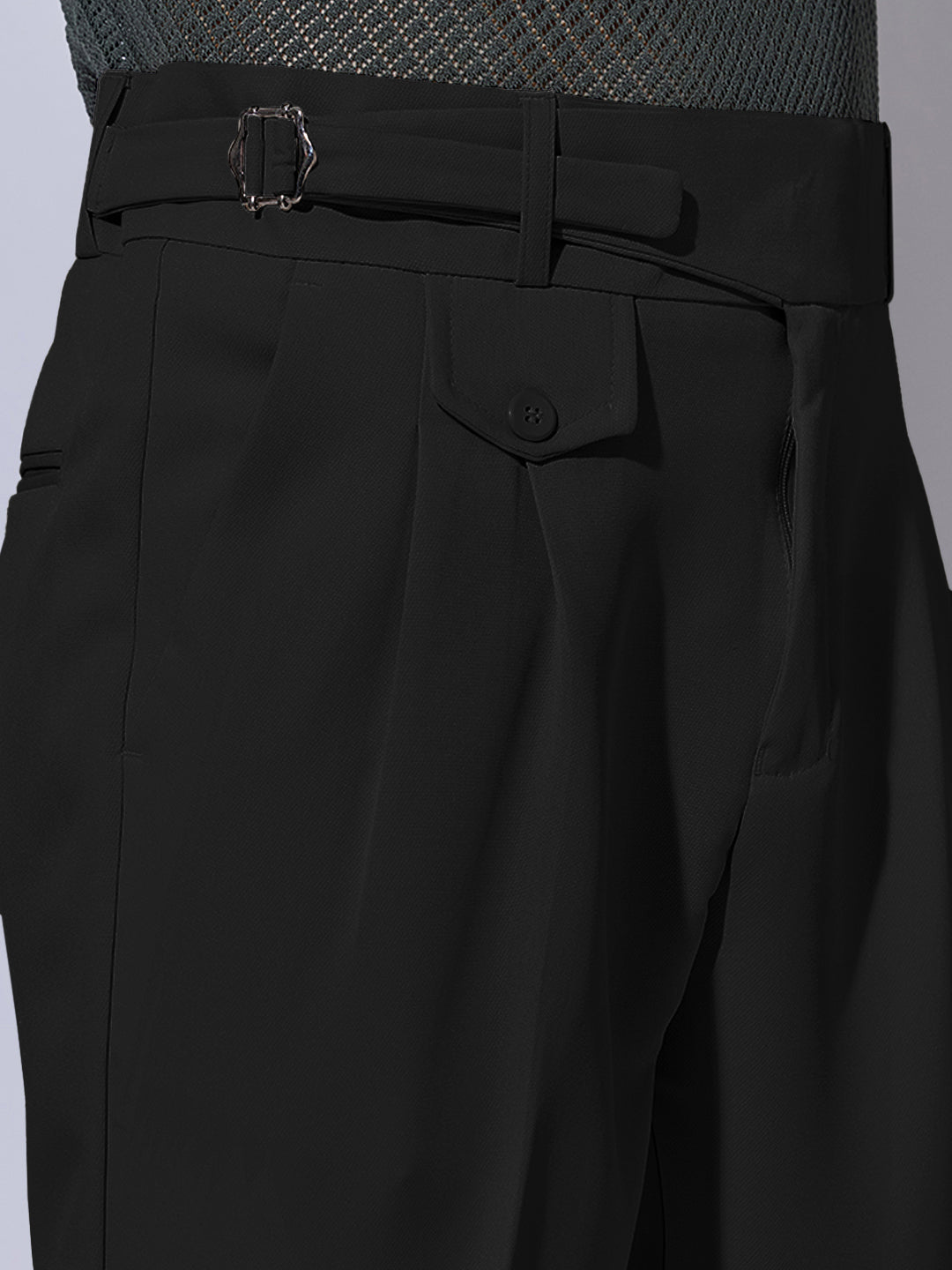 Men's Black Slim Fit Trousers with Adjustable Buckle