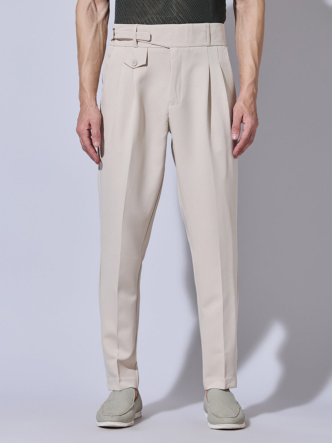 Men's Cream Slim Fit Trousers with Adjustable Buckle