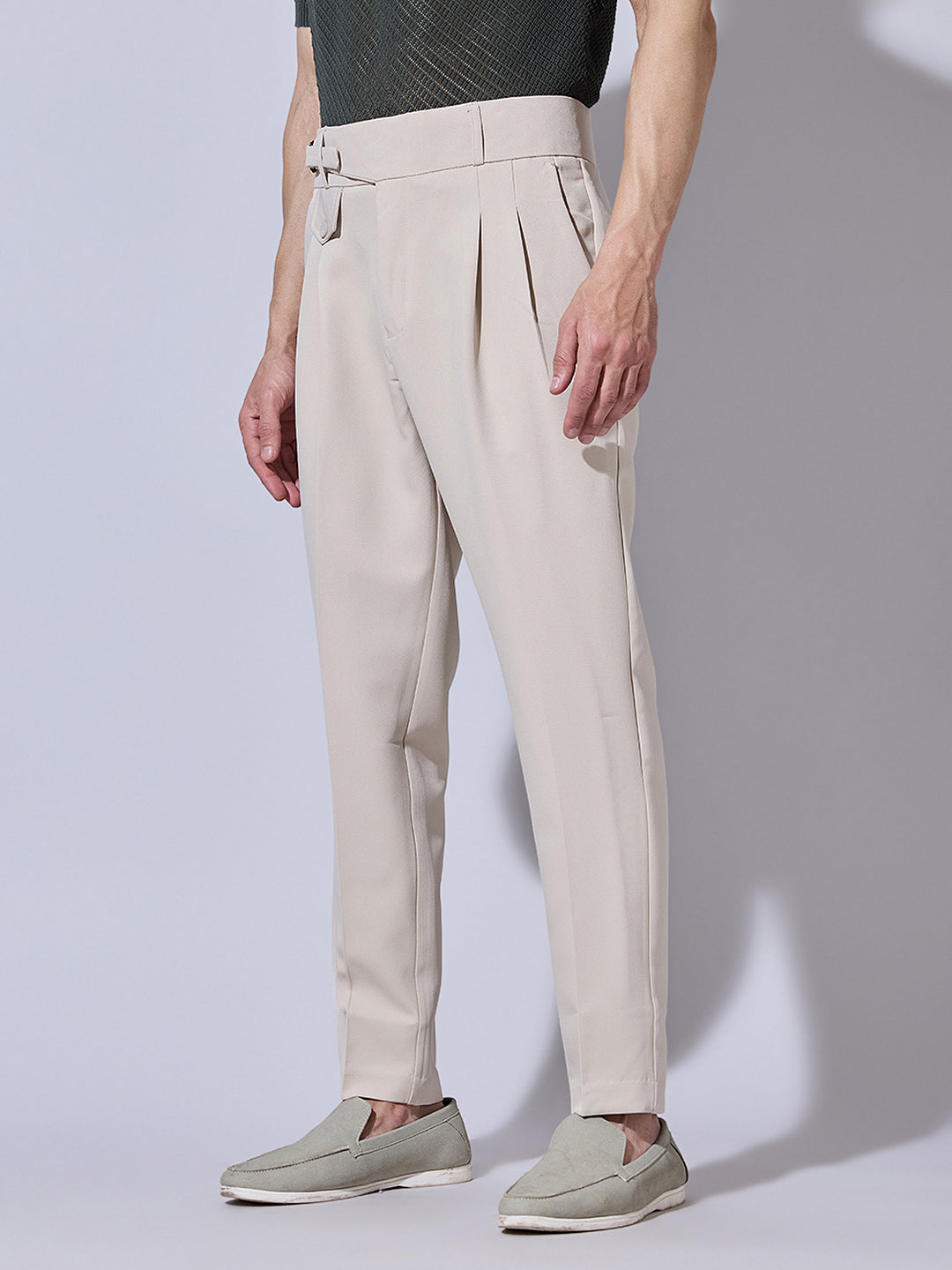 Men's Cream Slim Fit Trousers with Adjustable Buckle