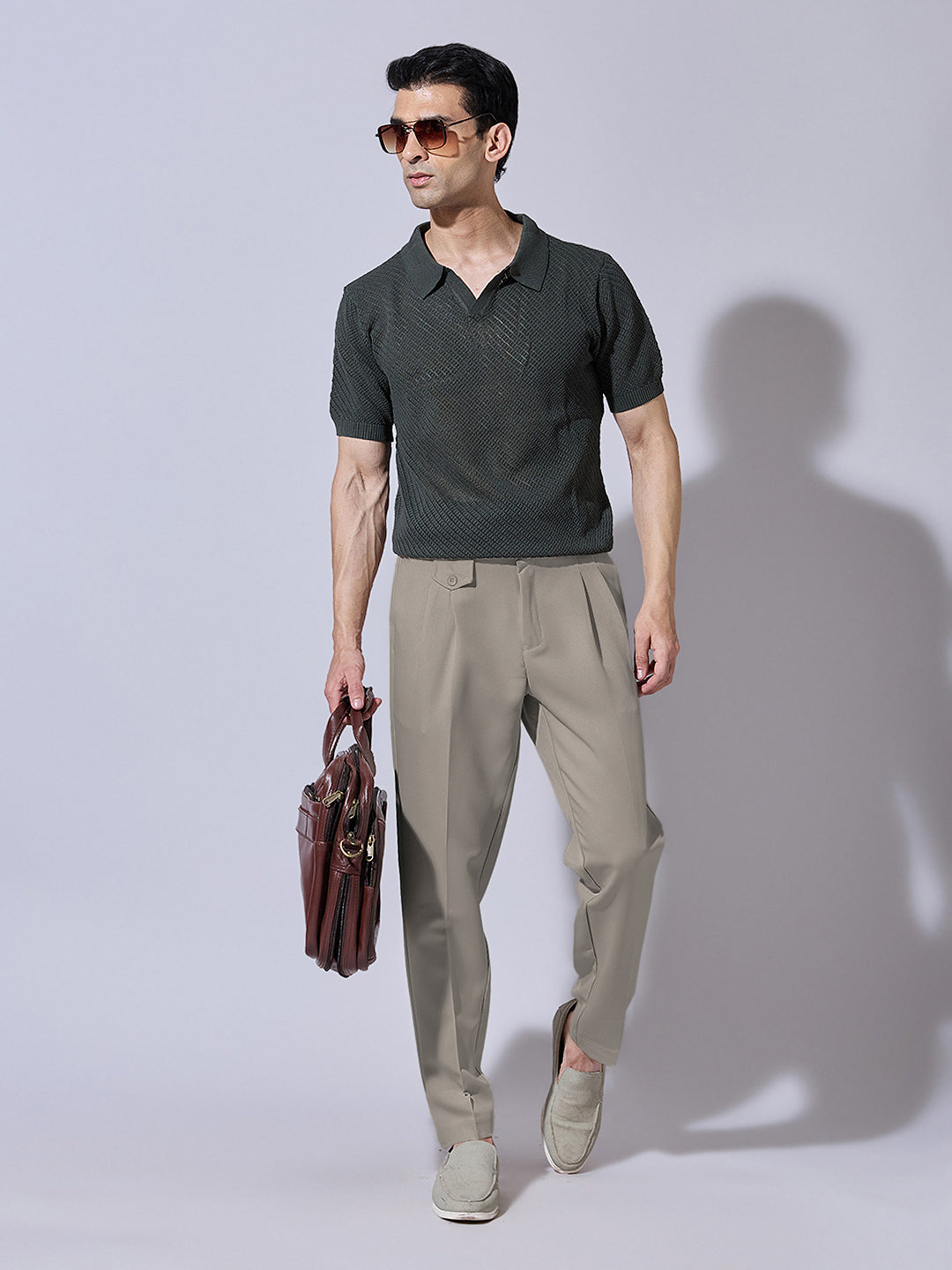 Men's Grey Slim Fit Trousers with Adjustable Buckle