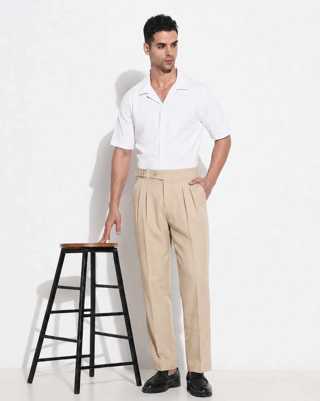 Men’s Beige Slim Fit Pleated Formal Trousers
