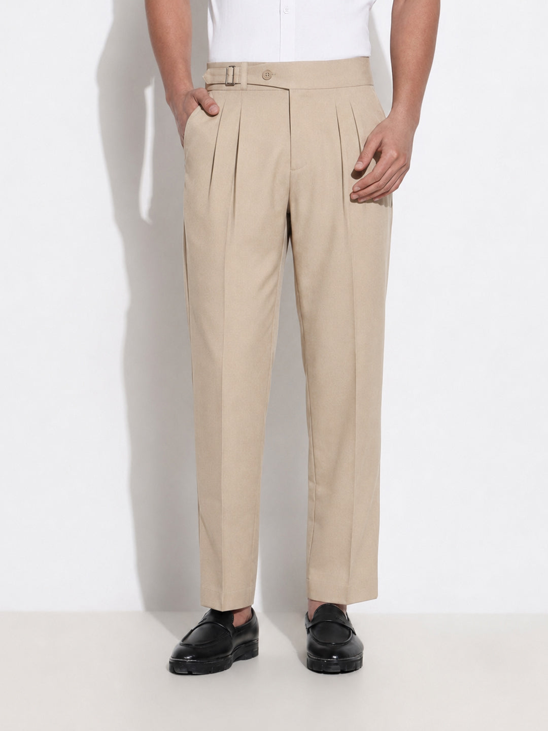 Men’s Beige Slim Fit Pleated Formal Trousers