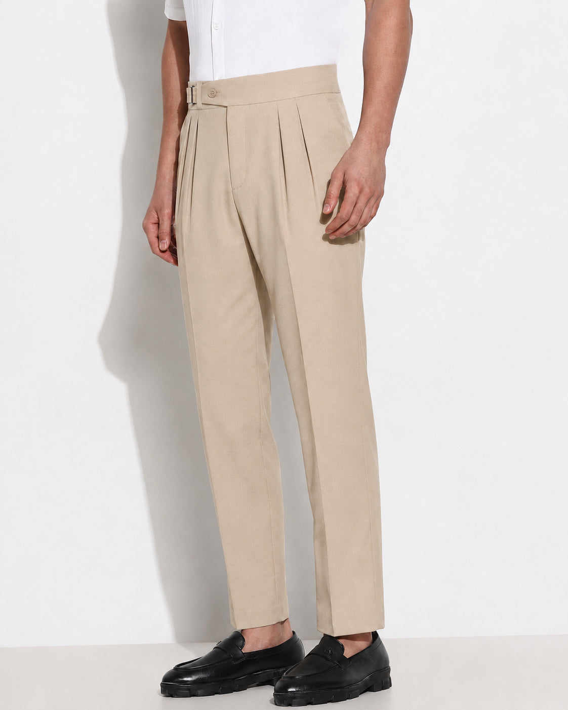 Men’s Beige Slim Fit Pleated Formal Trousers