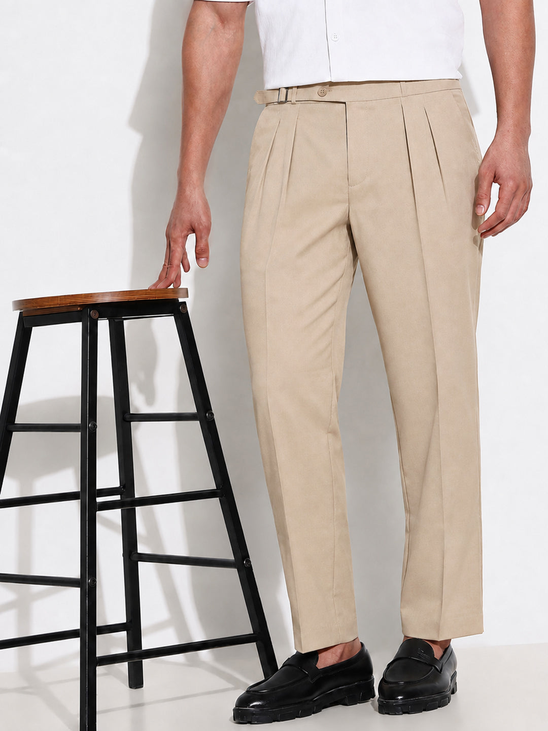 Men’s Beige Slim Fit Pleated Formal Trousers