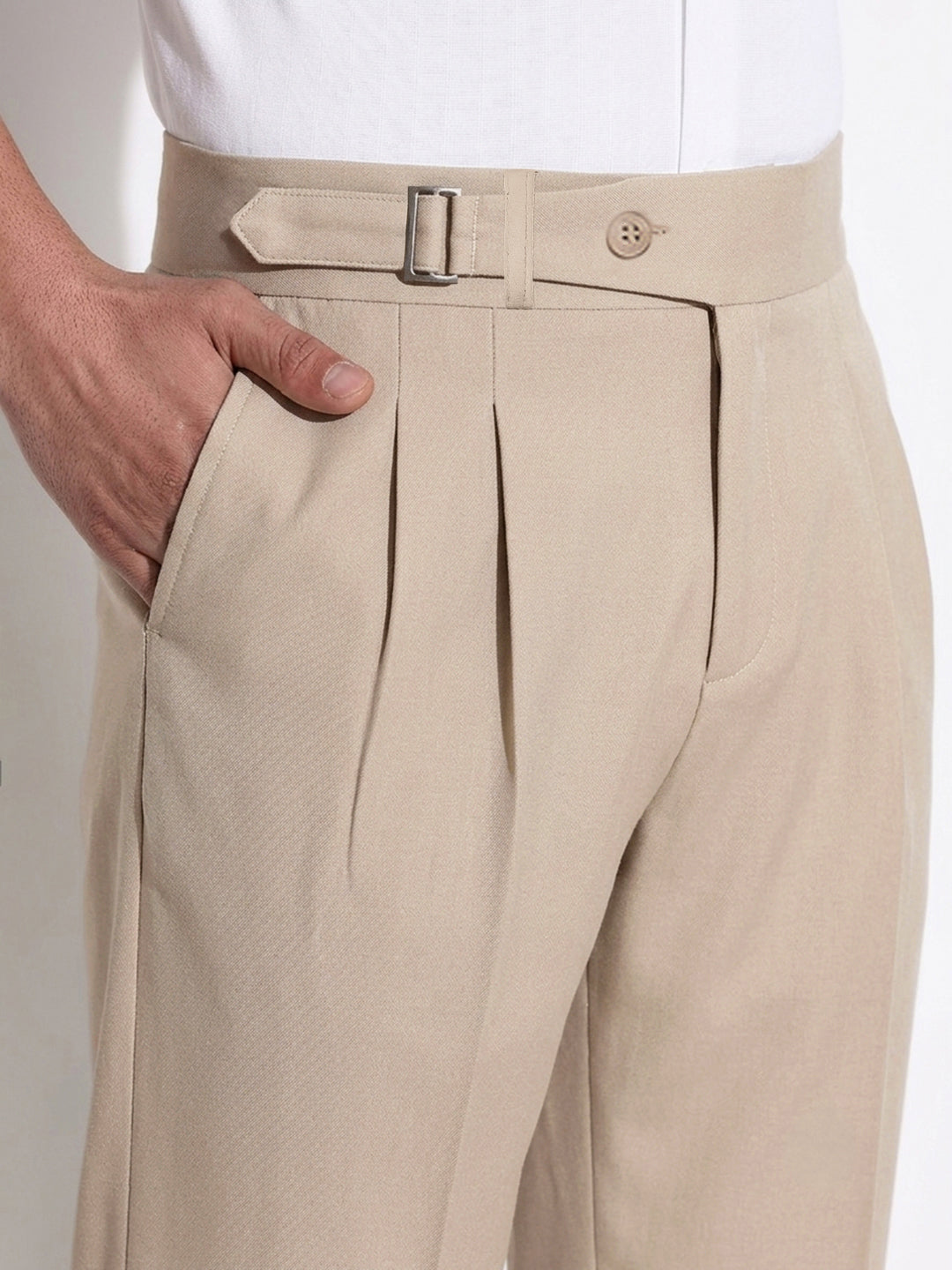 Men’s Beige Slim Fit Pleated Formal Trousers