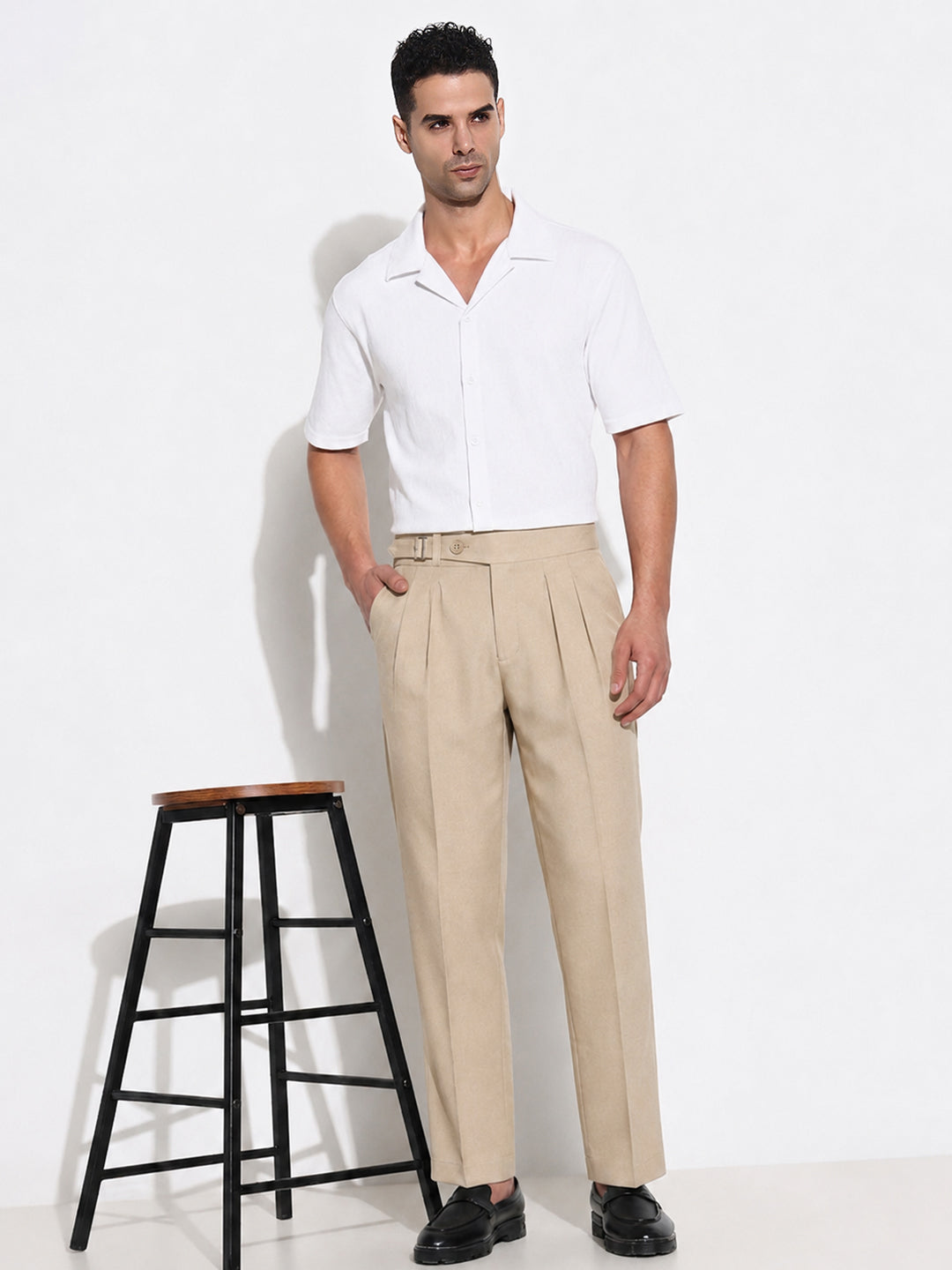 Men’s Beige Slim Fit Pleated Formal Trousers