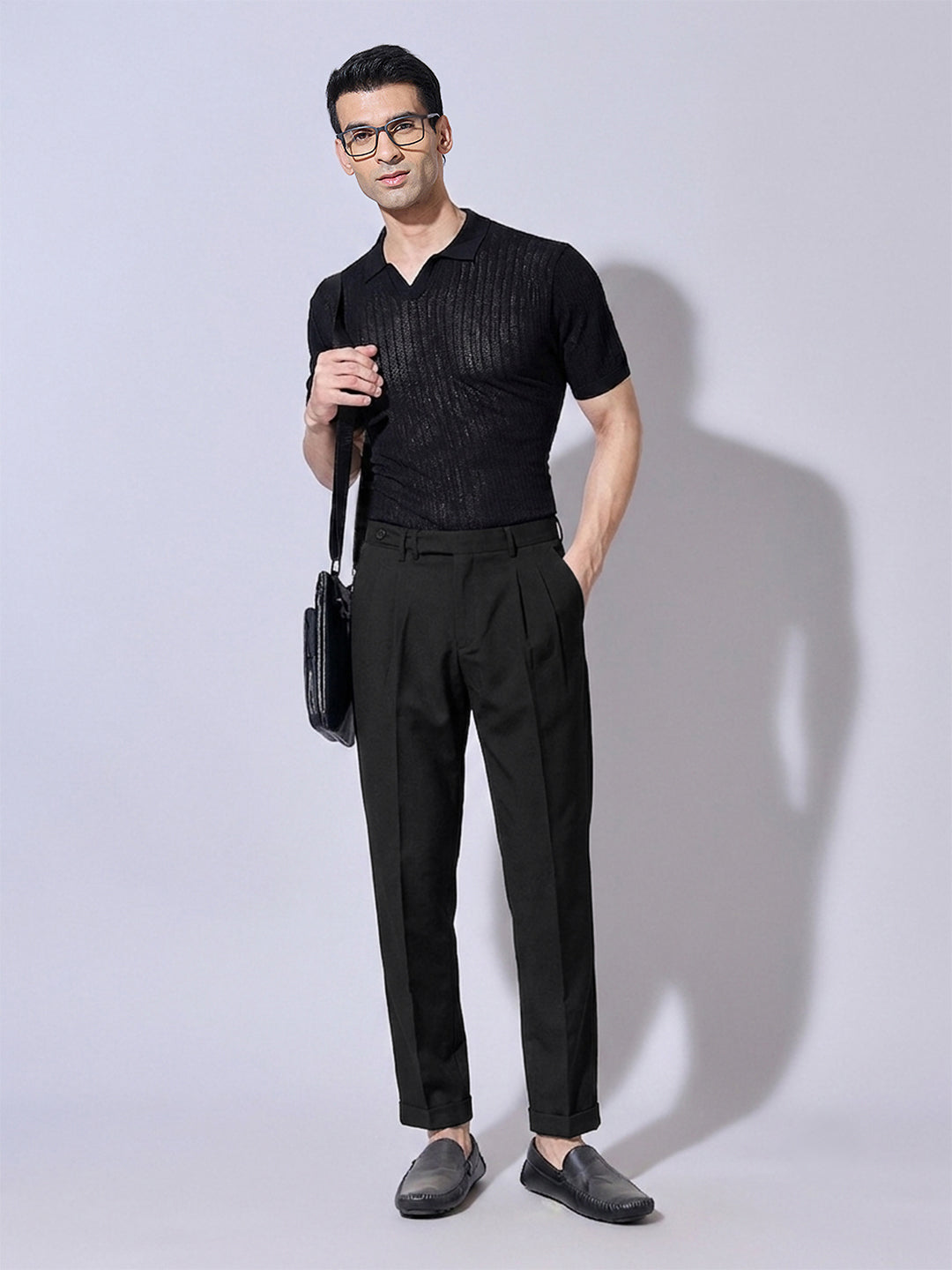 Men’s Black Slim Fit Pleated Formal Trousers with Side Waist Adjuster