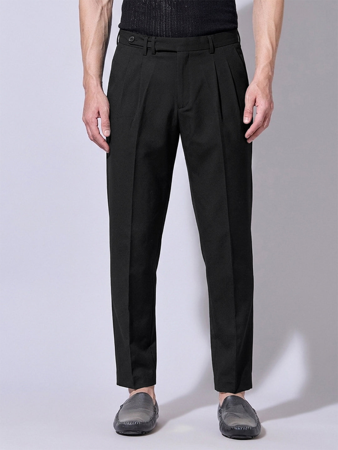 Men’s Black Slim Fit Pleated Formal Trousers with Side Waist Adjuster