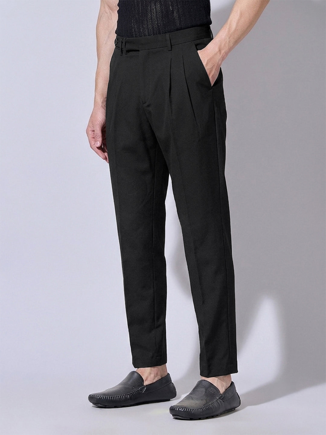 Men’s Black Slim Fit Pleated Formal Trousers with Side Waist Adjuster