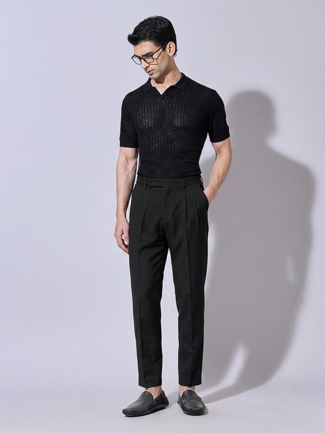 Men’s Black Slim Fit Pleated Formal Trousers with Side Waist Adjuster