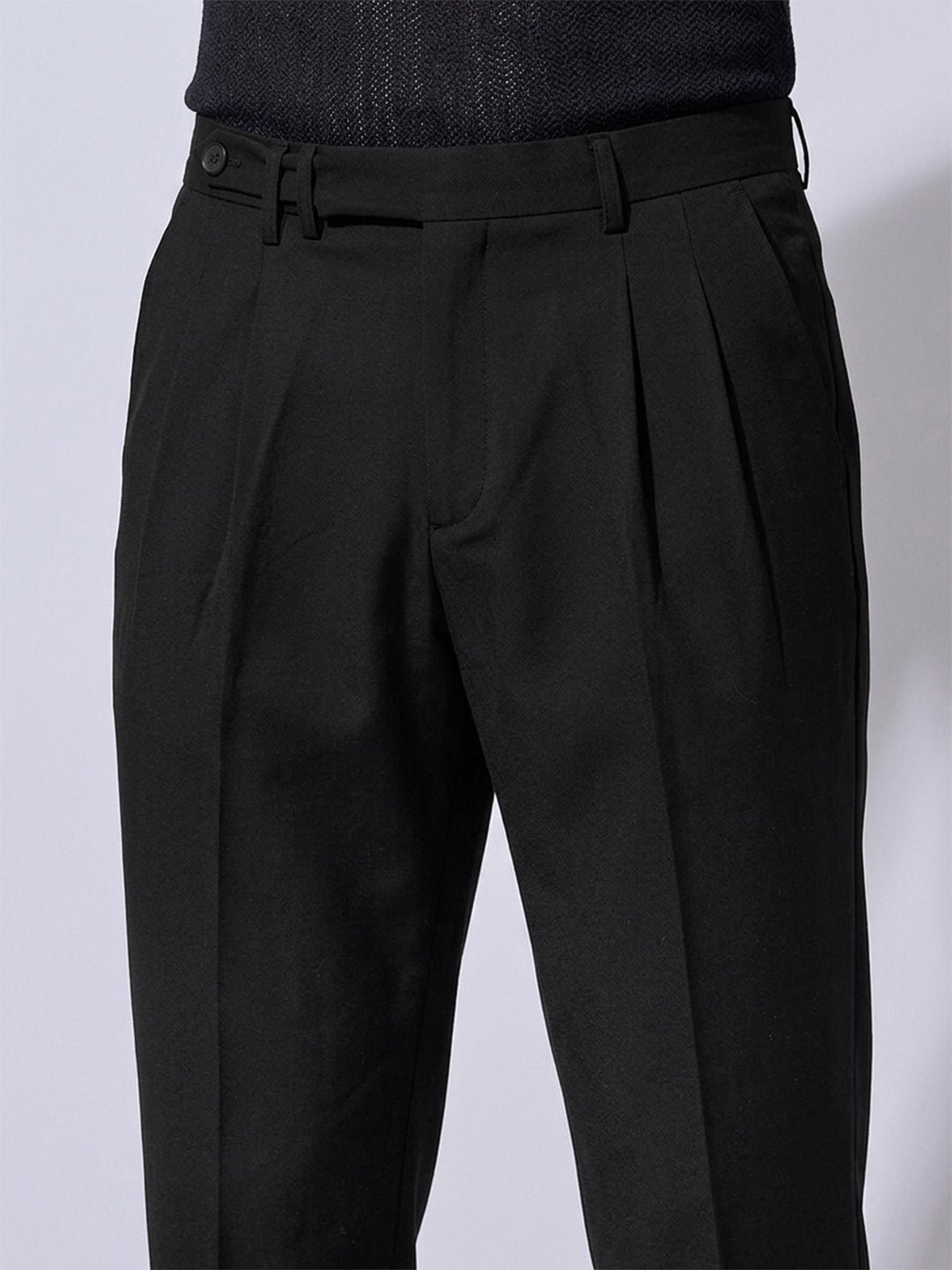 Men’s Black Slim Fit Pleated Formal Trousers with Side Waist Adjuster