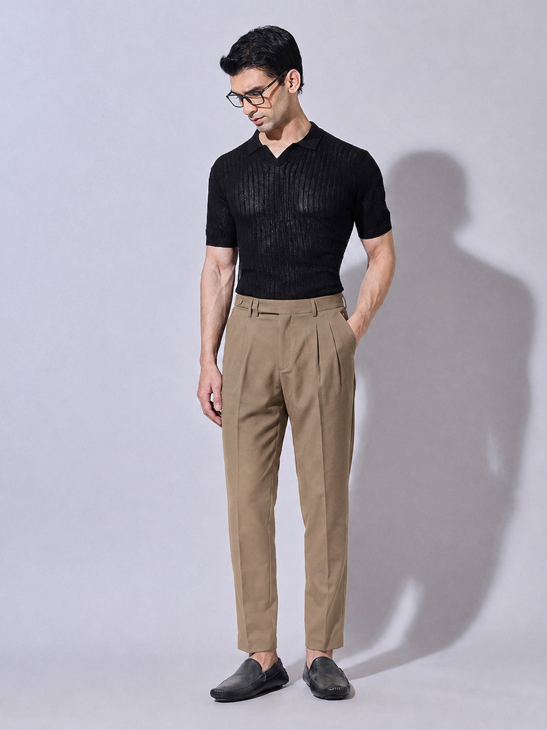 Men’s Brown Slim Fit Pleated Formal Trousers with Side Waist Adjuster