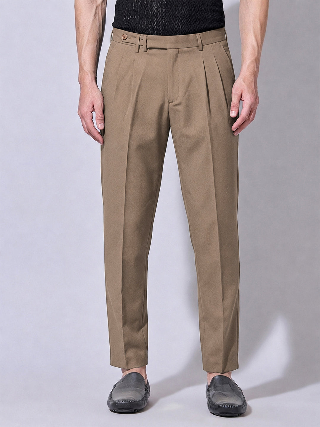 Men’s Brown Slim Fit Pleated Formal Trousers with Side Waist Adjuster