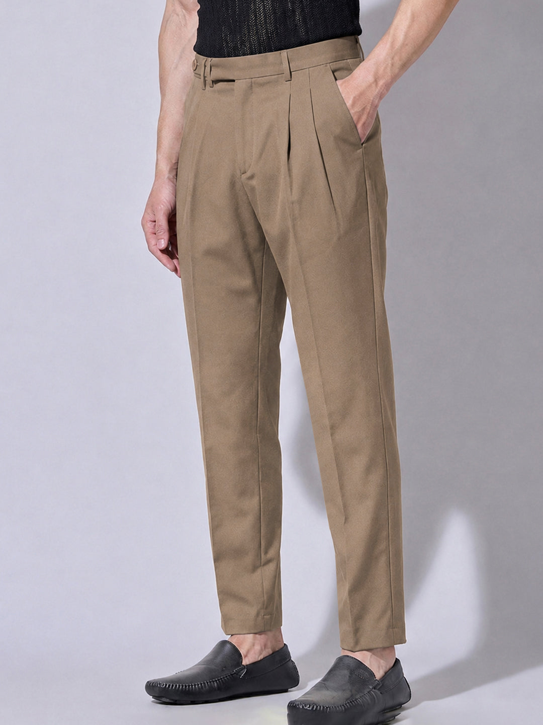 Men’s Brown Slim Fit Pleated Formal Trousers with Side Waist Adjuster