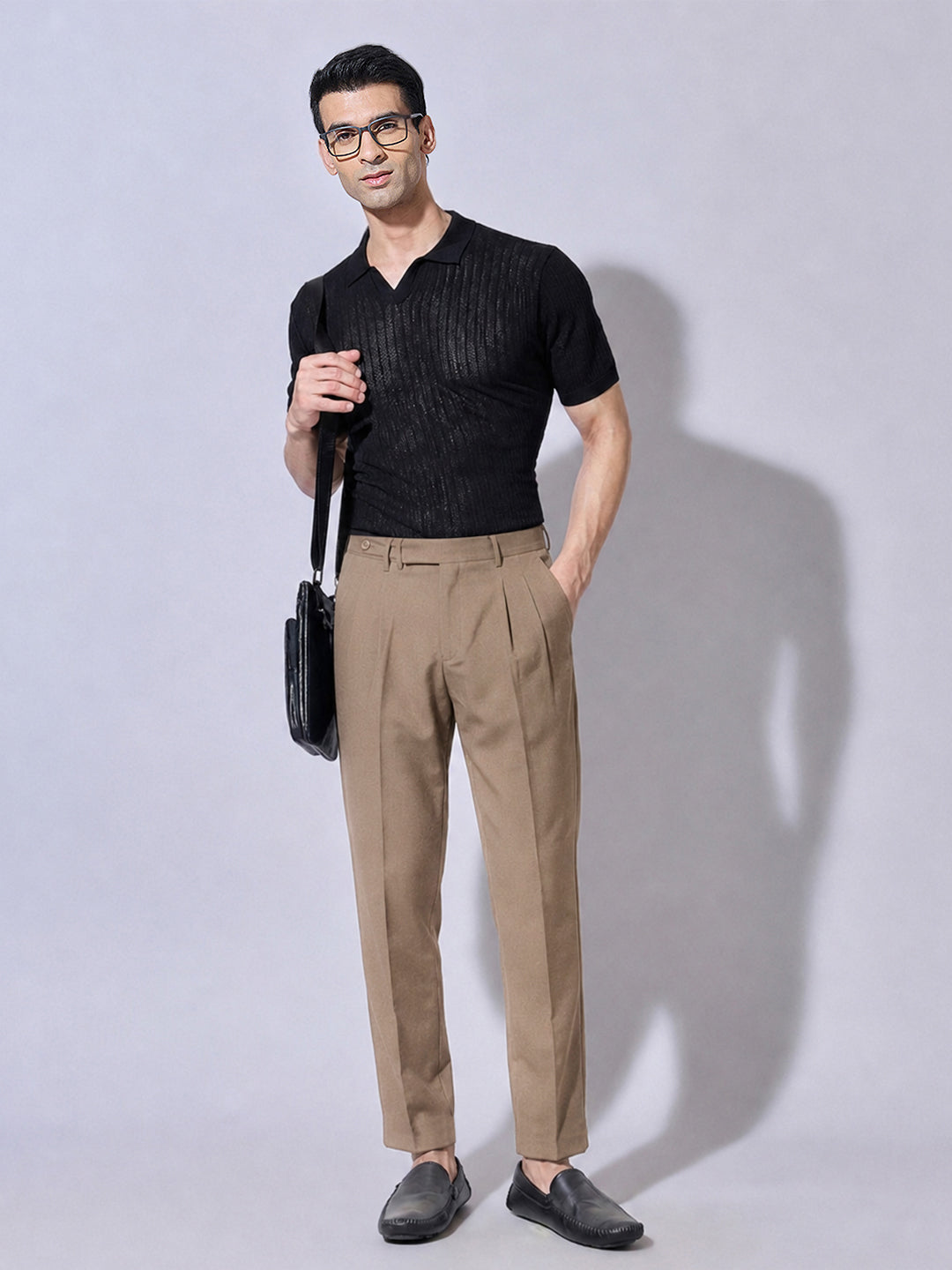 Men’s Brown Slim Fit Pleated Formal Trousers with Side Waist Adjuster