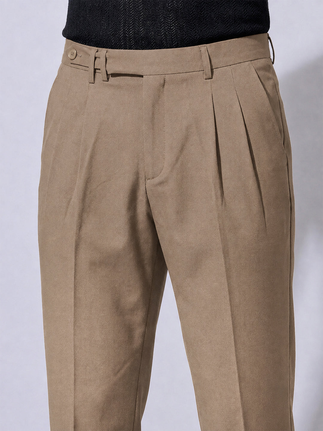 Men’s Brown Slim Fit Pleated Formal Trousers with Side Waist Adjuster