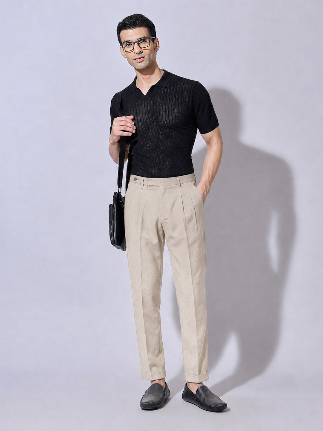 Men’s Cream Slim Fit Pleated Formal Trousers with Side Waist Adjuster