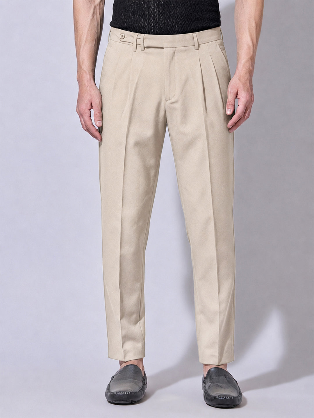 Men’s Cream Slim Fit Pleated Formal Trousers with Side Waist Adjuster