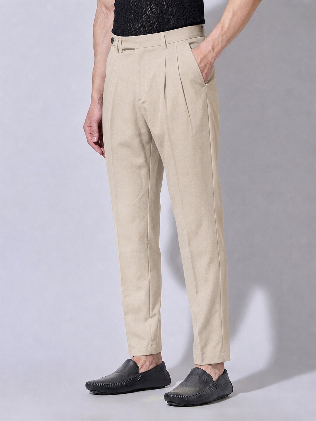Men’s Cream Slim Fit Pleated Formal Trousers with Side Waist Adjuster