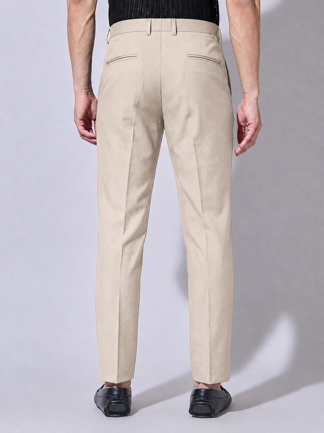 Men’s Cream Slim Fit Pleated Formal Trousers with Side Waist Adjuster