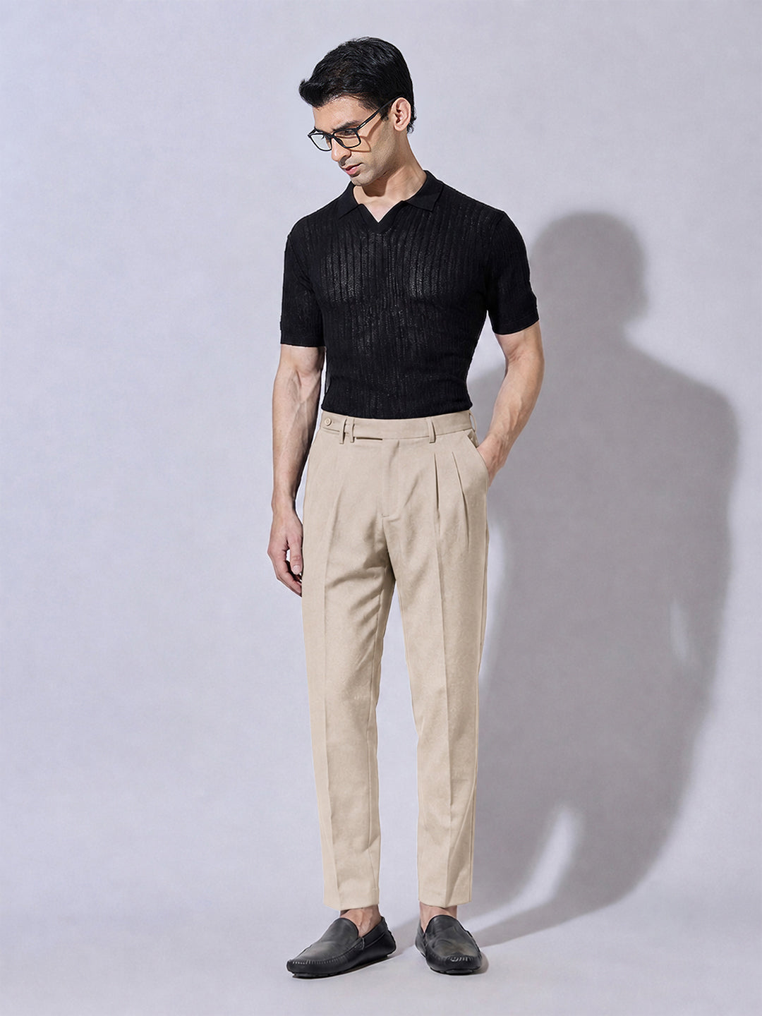 Men’s Cream Slim Fit Pleated Formal Trousers with Side Waist Adjuster