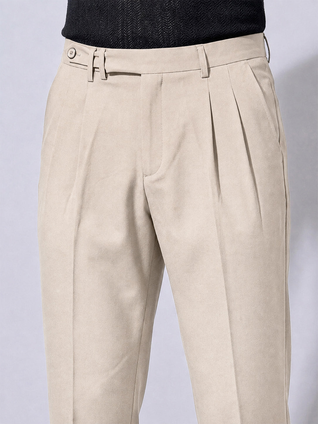 Men’s Cream Slim Fit Pleated Formal Trousers with Side Waist Adjuster