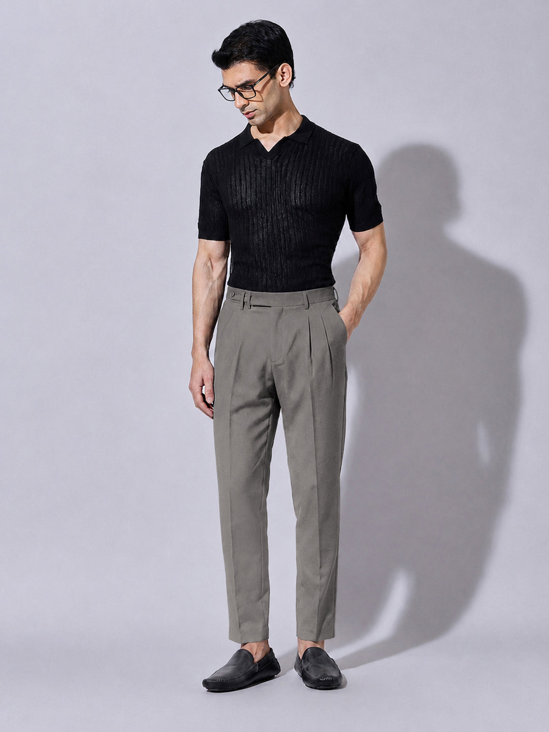 Men’s Grey Slim Fit Pleated Formal Trousers with Side Waist Adjuster