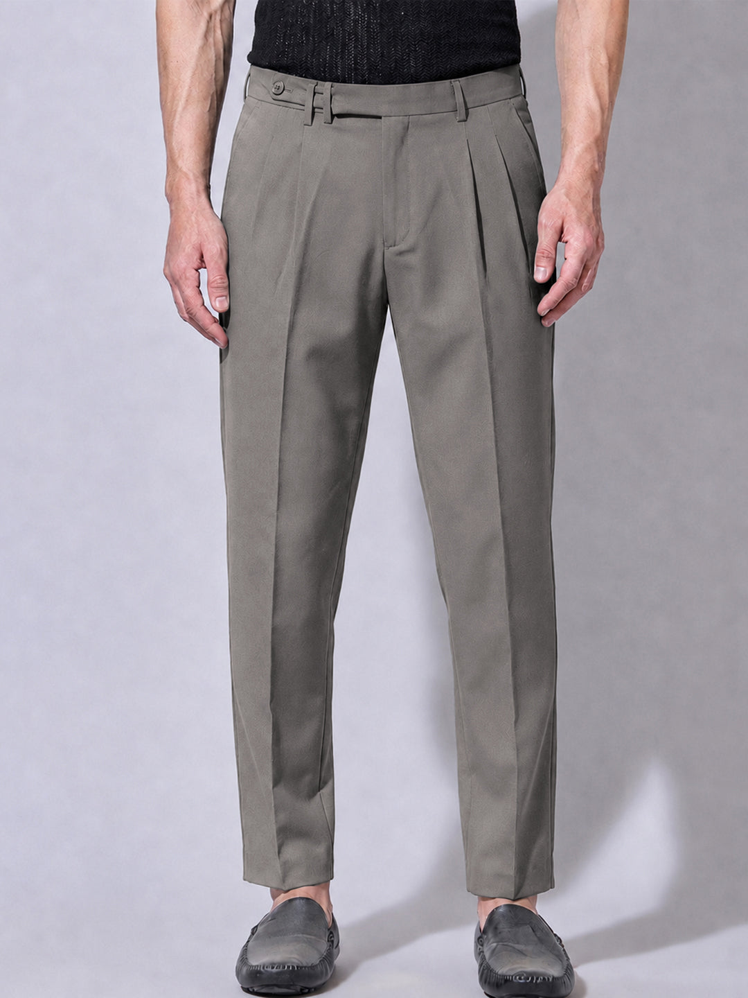Men’s Grey Slim Fit Pleated Formal Trousers with Side Waist Adjuster