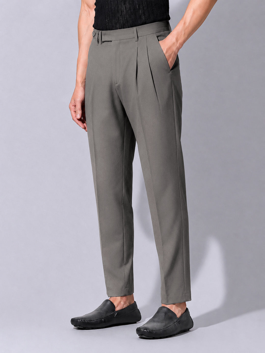 Men’s Grey Slim Fit Pleated Formal Trousers with Side Waist Adjuster