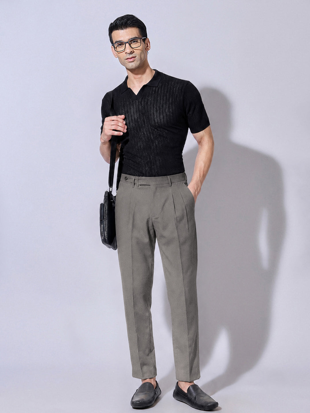Men’s Grey Slim Fit Pleated Formal Trousers with Side Waist Adjuster