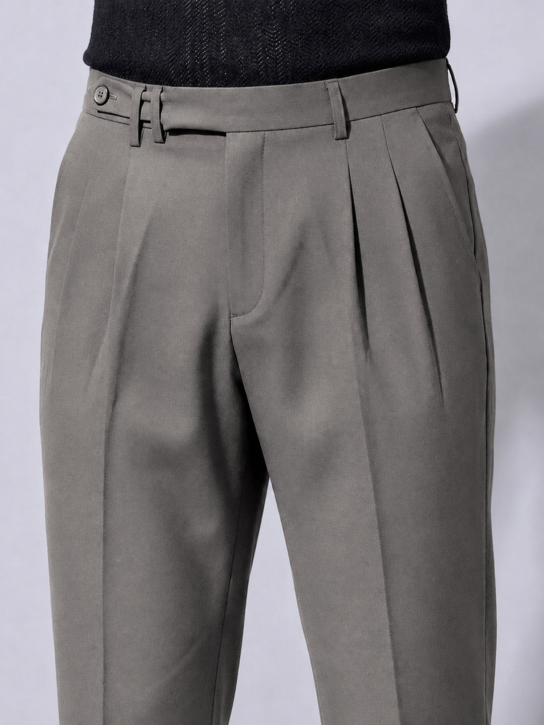 Men’s Grey Slim Fit Pleated Formal Trousers with Side Waist Adjuster