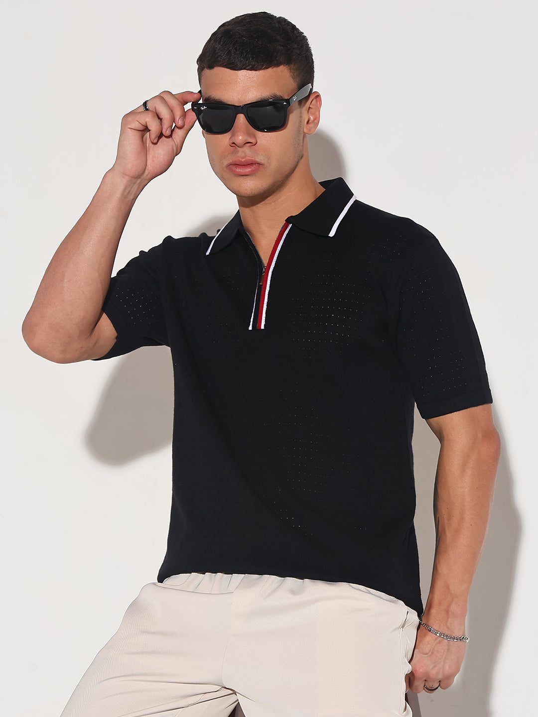 Men’s Textured Black Short Sleeve Polo T-Shirt with Contrast Zip Details