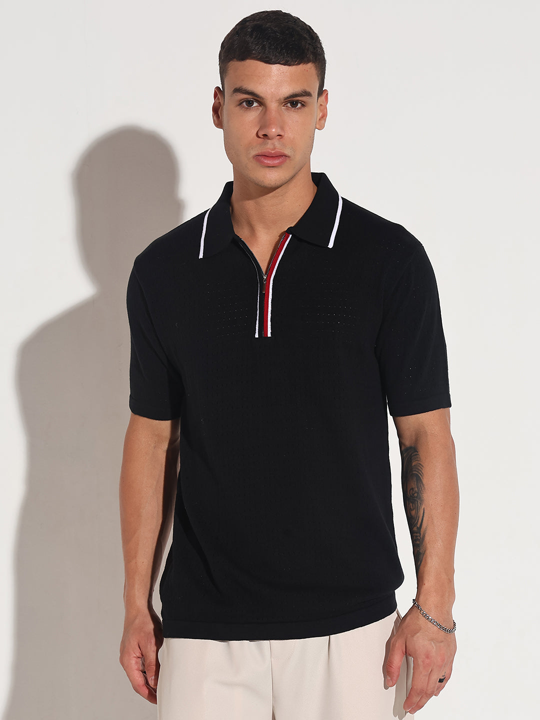 Men’s Textured Black Short Sleeve Polo T-Shirt with Contrast Zip Details