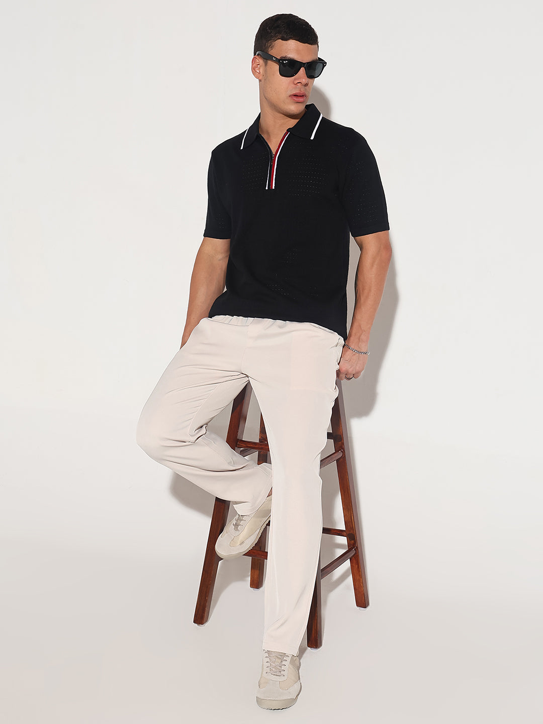 Men's Textured Black Short Sleeve Polo T-Shirt with Contrast Zip Details