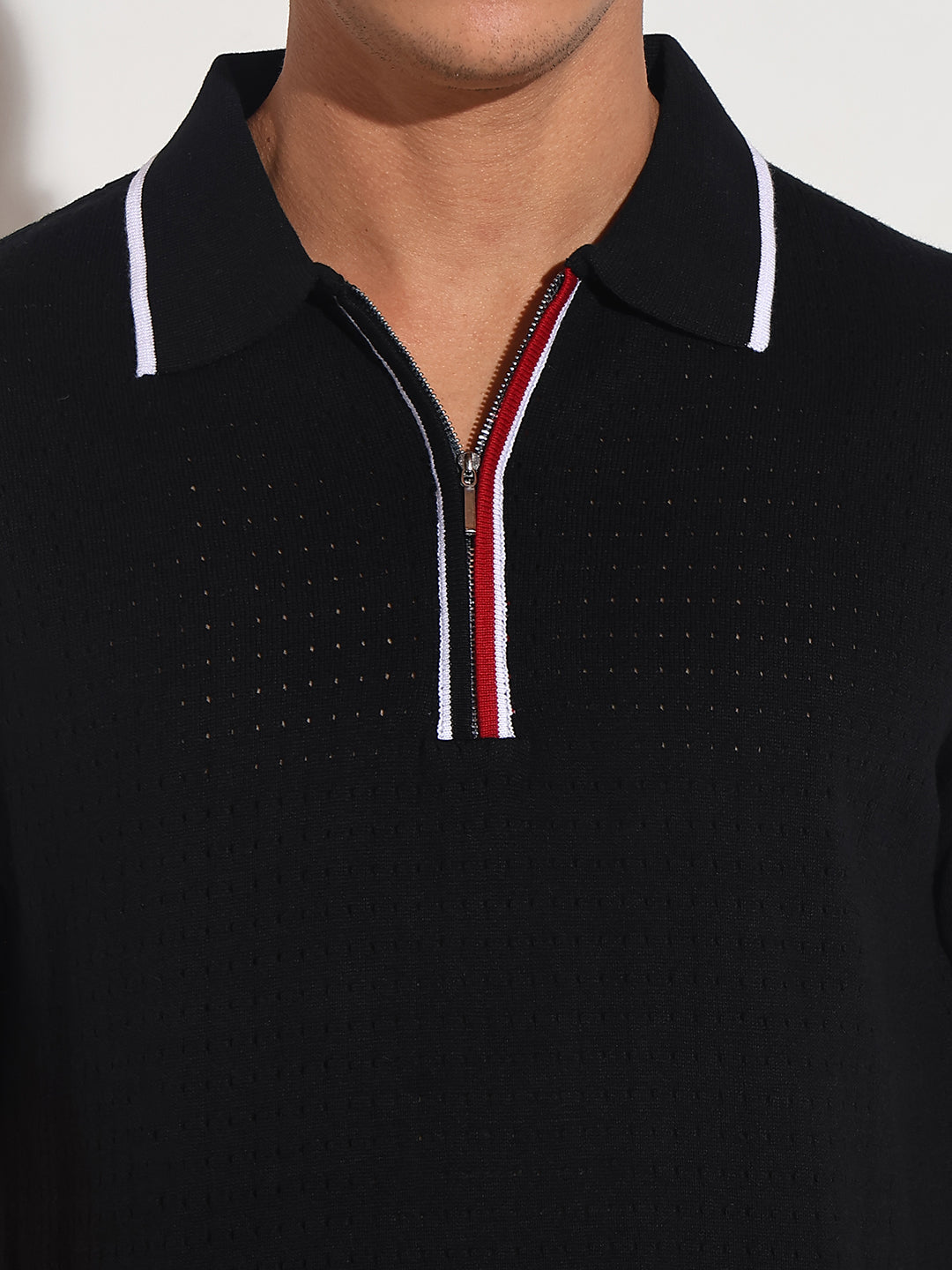 Men's Textured Black Short Sleeve Polo T-Shirt with Contrast Zip Details