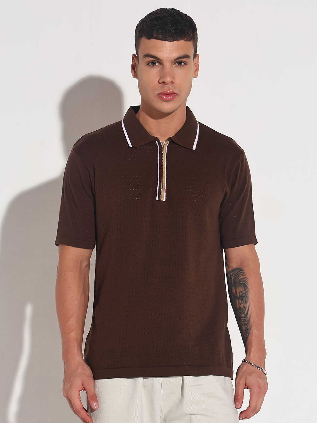 Men’s Textured Brown Short Sleeve Polo T-Shirt with Contrast Zip Details