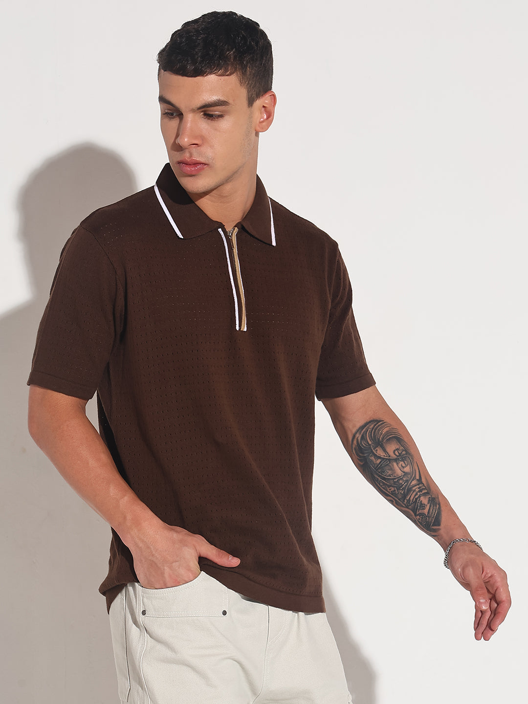 Men’s Textured Brown Short Sleeve Polo T-Shirt with Contrast Zip Details