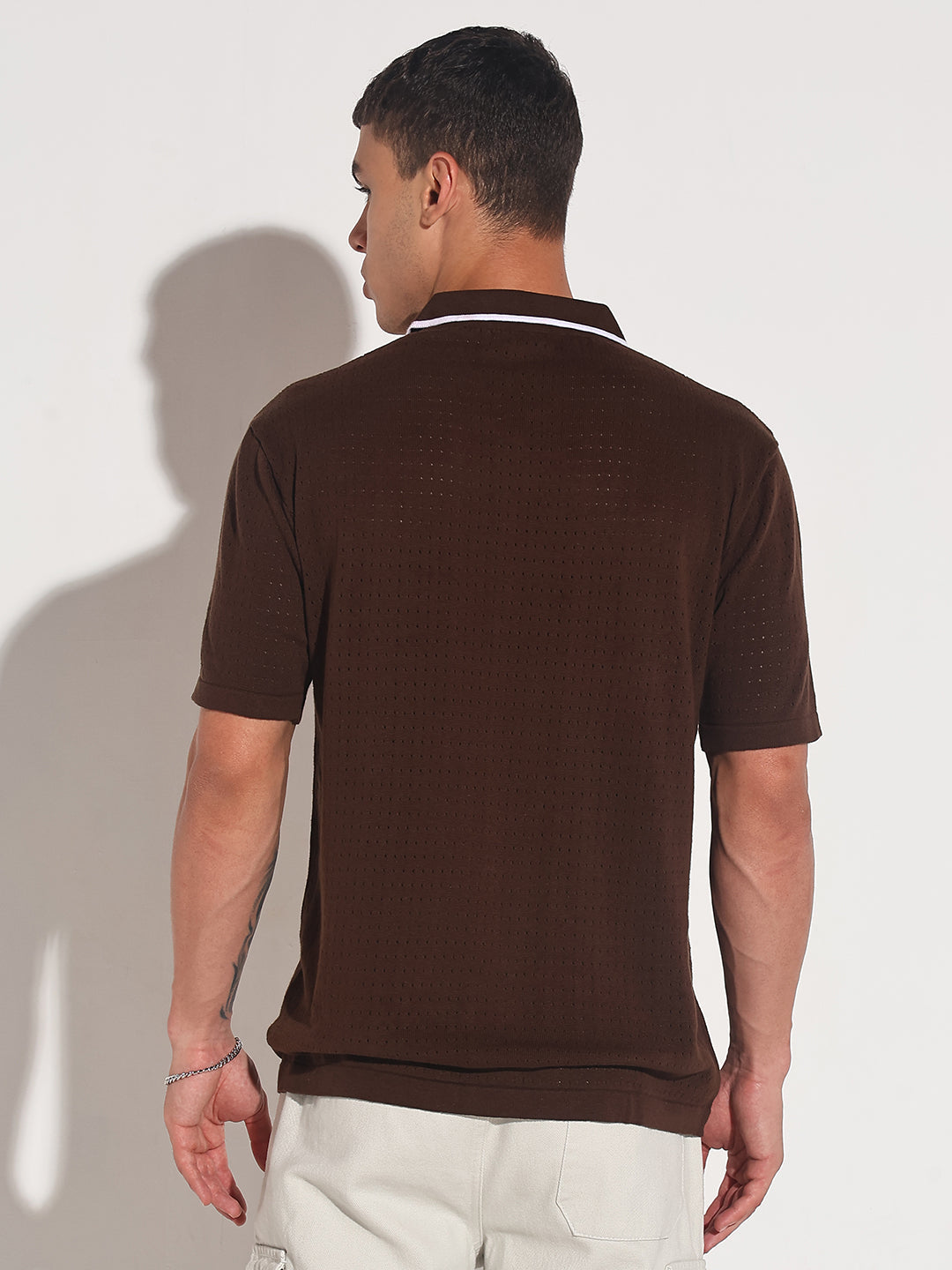 Men’s Textured Brown Short Sleeve Polo T-Shirt with Contrast Zip Details