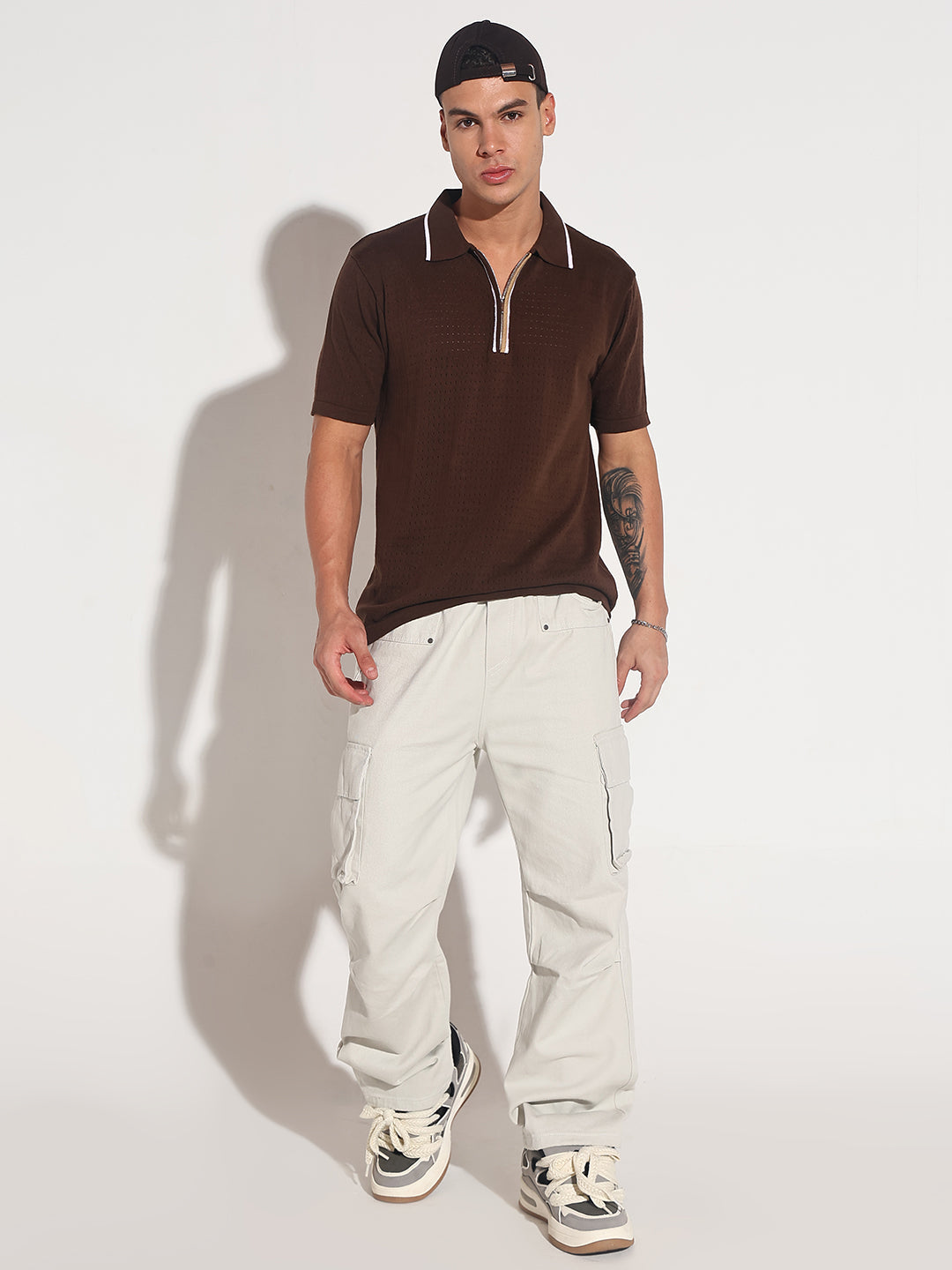 Men’s Textured Brown Short Sleeve Polo T-Shirt with Contrast Zip Details