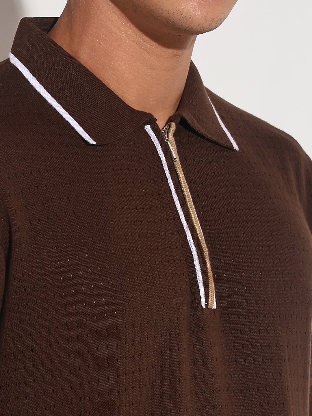 Men’s Textured Brown Short Sleeve Polo T-Shirt with Contrast Zip Details