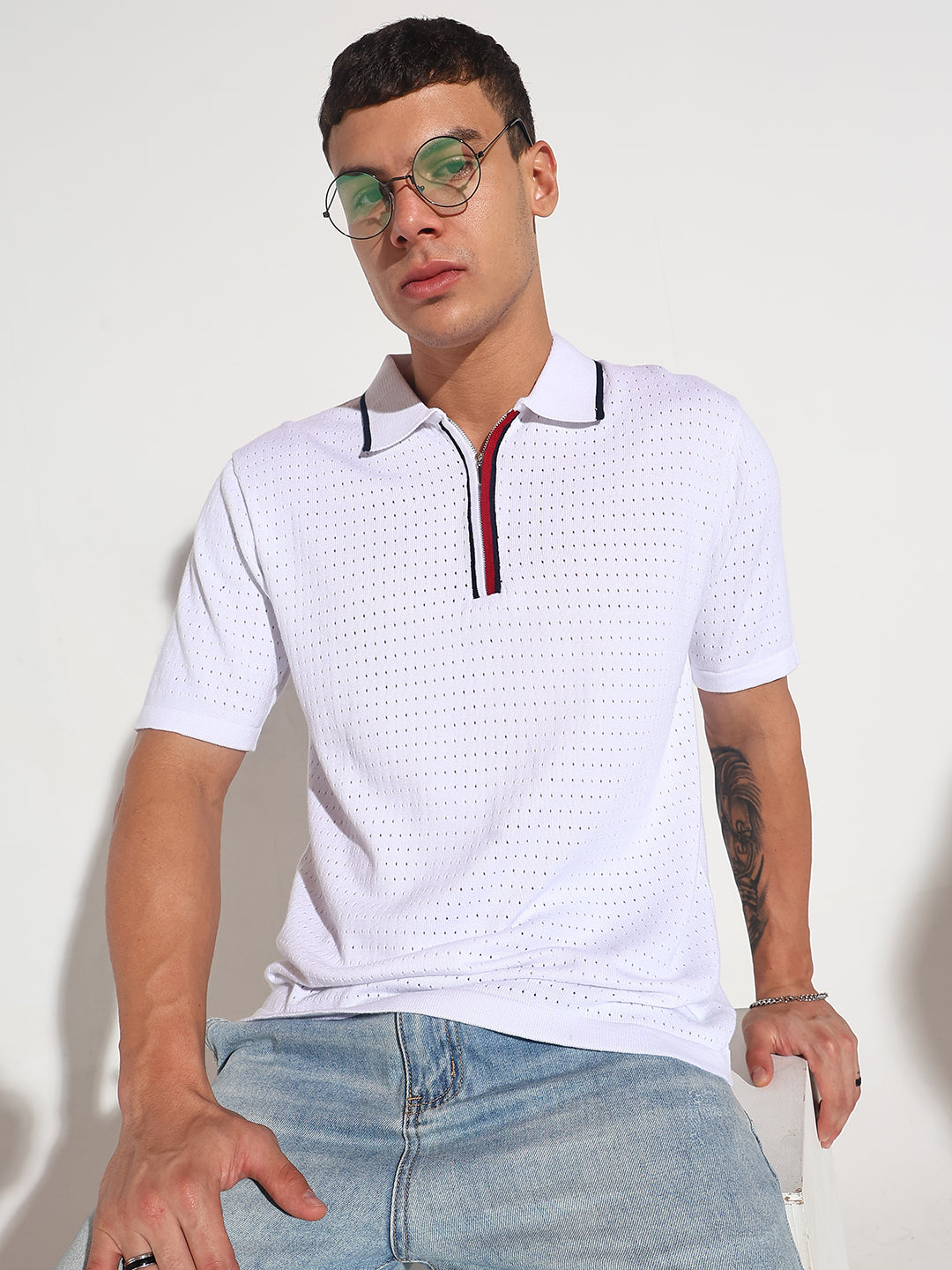 Men’s Textured White Short Sleeve Polo T-Shirt with Contrast Zip Details