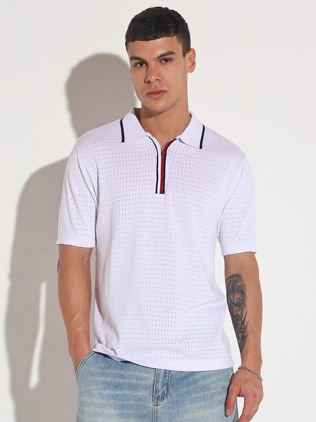 Men’s Textured White Short Sleeve Polo T-Shirt with Contrast Zip Details