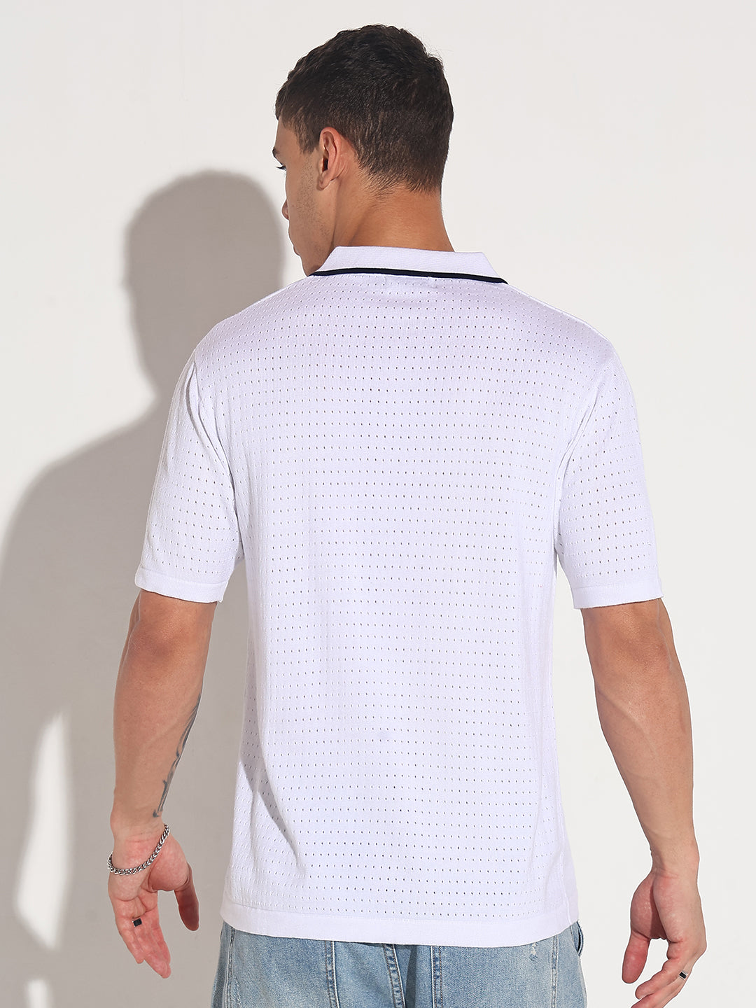 Men’s Textured White Short Sleeve Polo T-Shirt with Contrast Zip Details